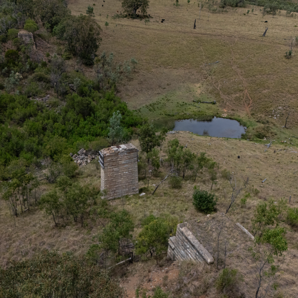 Aerial view of ruins in a grassy landscape with a pond and scattered trees.